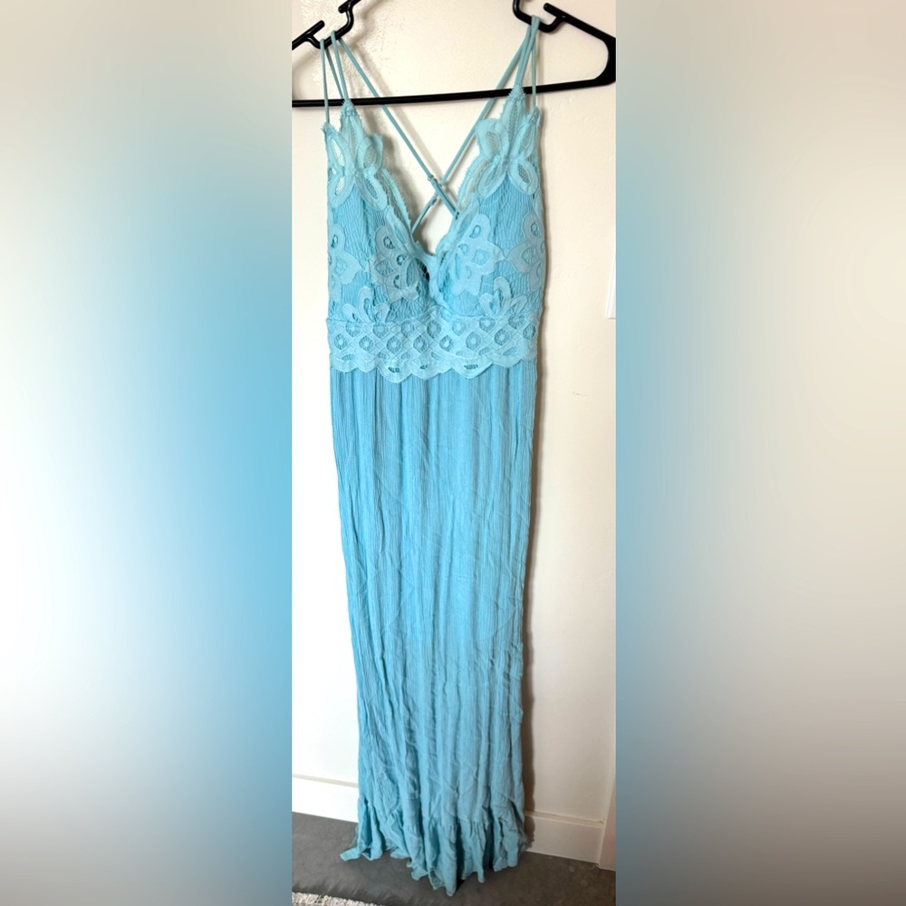 Lace front strappy Light Blue Maxi Dress - medium